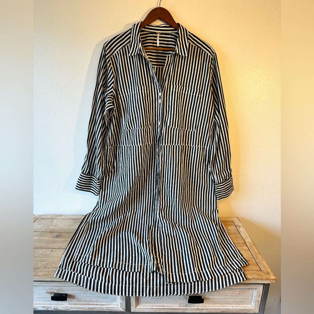 Free People Black and White Long Sleeve Shirt Dress